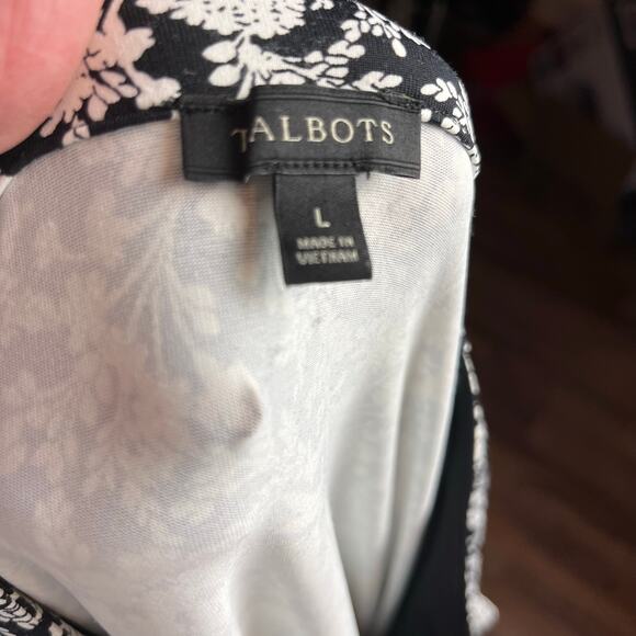 Talbots Black White Faux Wrap Knit Dress Large Striped Belt/Cuffs Slinky Stretch - Picture 6 of 6